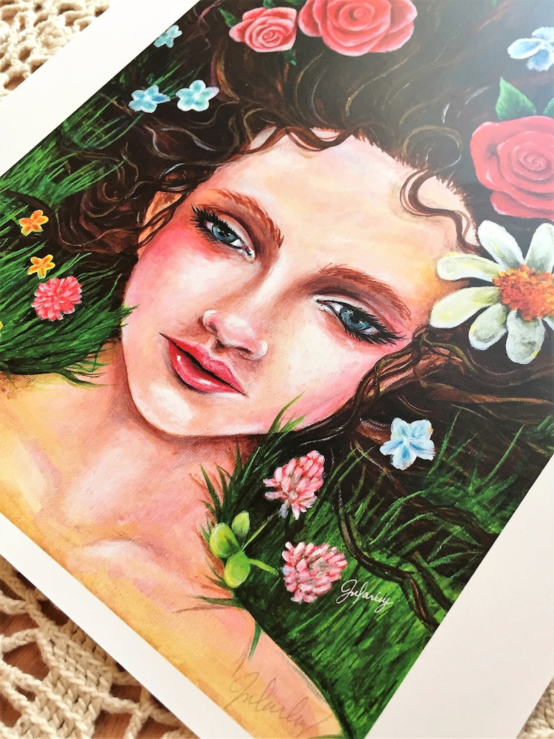 Flowers in Her Hair Art Print, Boho Style Art, Whimsical Portrait