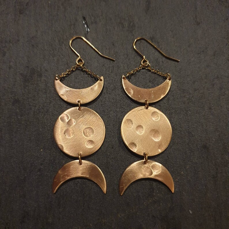 Triple Goddess Earrings Tribal Moon Earrings Moon Magic Collection Hammered Bronze