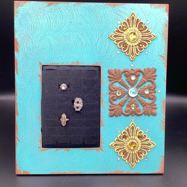 OOAK Rustic Country Upcycled Vintage Frame Ring Holder Jewelry Display Turquoise Gold Bronze Bling Shabby Chic Great Mother’s Day Gift