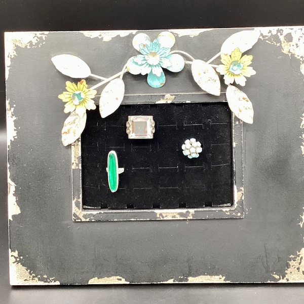 OOAK Antiqued Upcycled Vintage Frame Ring Holder Jewelry Display Black Turquoise Flowers Great Mother’s Day Gift