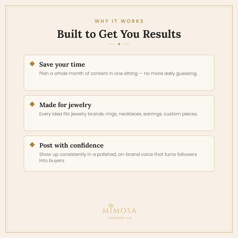 May include: A beige informational graphic titled Why It Works Built to Get You Results. It lists three benefits: Save your time, Made for jewelry, and Post with confidence, each with descriptive text. The Mimosa Content Co logo is at the bottom.