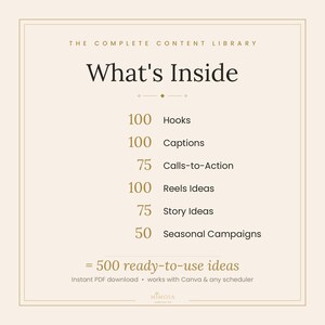 May include: A digital content library graphic with a cream background and dark text. It lists 100 Hooks, 100 Captions, 75 Calls-to-Action, 100 Reels Ideas, 75 Story Ideas, and 50 Seasonal Campaigns, totaling 500 ready-to-use ideas for Canva and schedulers.