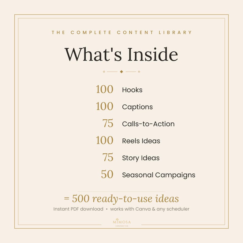 May include: A digital content library graphic with a cream background and dark text. It lists 100 Hooks, 100 Captions, 75 Calls-to-Action, 100 Reels Ideas, 75 Story Ideas, and 50 Seasonal Campaigns, totaling 500 ready-to-use ideas for Canva and schedulers.