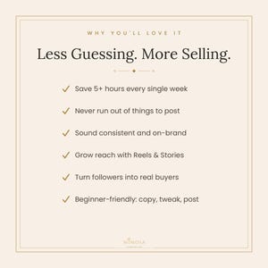 May include: A beige informational graphic with dark brown text. The header reads "WHY YOU'LL LOVE IT" and "Less Guessing. More Selling." A list of six bullet points with checkmarks details benefits including saving 5+ hours weekly and growth.