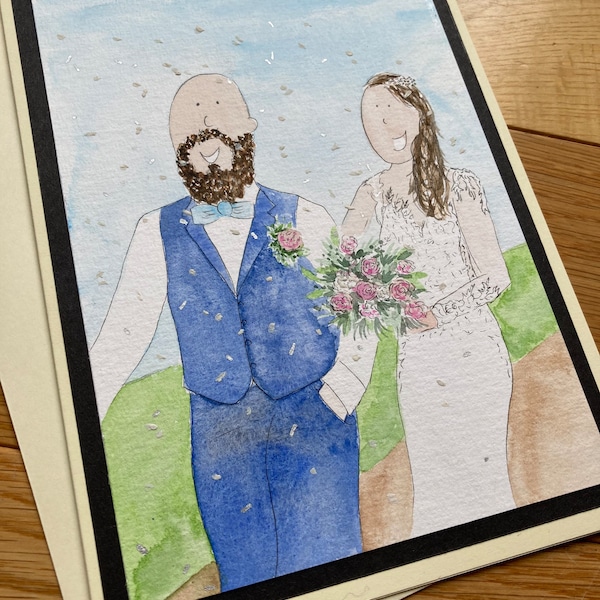 Personalisierte Hochzeitskarten, Hochzeitsportrait, Hochzeitsillustrationskarten, Mr und Mrs Karte, handgemalte Hochzeitskarte, Aquarell