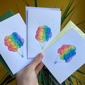Cartão de aniversário de balões, cartão de aniversário de elefante, cartão de aniversário bonito, cartão de aniversário de arco-íris, cartão de aniversário personalizado, cartão pintado à mão
