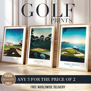 Golf Prints Any 3 for 2 - Save Now - Augusta, Pebble Beach, St Andrews, Sawgrass, Pinehurst, Kiawah, Portrush, TPC Scottsdale, Turnberry
