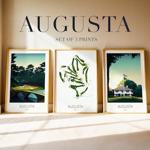 Impressions de golf Augusta - Économisez 33 % - Le lot de 3 affiches Masters comprend l'emblématique trou de la cloche dorée, la carte du parcours de golf d'août et le pavillon