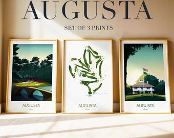Augusta Golf Prints: Golden Bell, Course Map, Clubhouse - Set of 3c