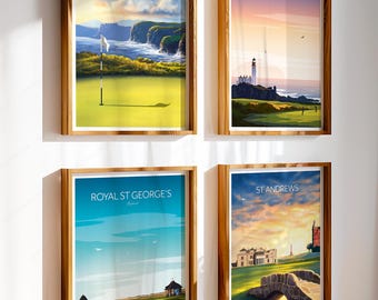 Iconic Golf Course Art Prints -  Set of 4 - St Andrews, Turnberry, Royal Portrush, Royal St George's