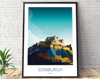 May include: A framed illustration of Edinburgh Castle in Scotland. The castle is depicted on a hill with a blue sky and white clouds in the background. The text "EDINBURGH" and "Scotland" is printed below the image.