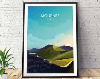 Stampa artistica delle Mourne Mountains in Irlanda: poster di viaggio dell'Irlanda del Nord