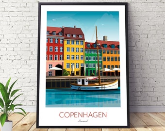 May include: A colorful illustration of a boat docked in Copenhagen, Denmark. The boat is white with a brown deck and a green sail. The buildings behind the boat are yellow, red, and green. The text "Copenhagen, Denmark" is at the bottom of the image.