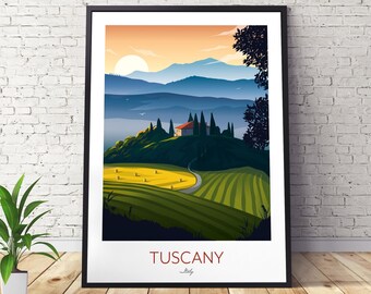 May include: A colorful illustration of a Tuscan landscape with rolling hills, a small house, and cypress trees. The text "Tuscany, Italy" is at the bottom of the image.