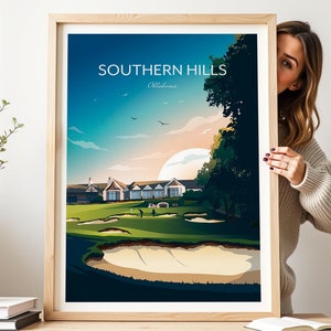 May include: A framed poster with a colorful illustration of a golf course and clubhouse. The poster has the text "SOUTHERN HILLS Oklahoma" at the top.