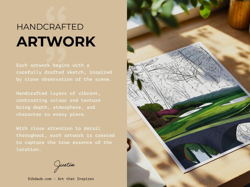 May include: A landscape artwork featuring a bridge, trees, and green fields. The artwork is on a white paper, with the text "HANDCRAFTED ARTWORK" and other descriptive text. The artwork is displayed on a wooden surface.