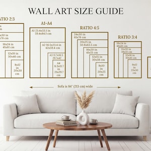 May include: Wall art size guide with dimensions in inches and centimeters. Displays various aspect ratios: 2:3, A1-A4, 4:5, 3:4, and 11x14. Includes a sofa that is 84 inches wide. The guide is displayed on a wall.