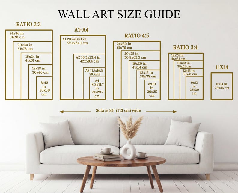 May include: Wall art size guide with dimensions in inches and centimeters. Displays various aspect ratios: 2:3, A1-A4, 4:5, 3:4, and 11x14. Includes a sofa that is 84 inches wide. The guide is displayed on a wall.