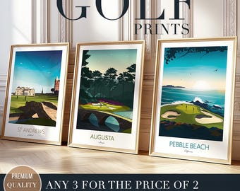 Golf Prints Any 3 for 2 - Save Now - Augusta, Pebble Beach, St Andrews, Sawgrass, Pinehurst, Kiawah, Portrush, TPC Scottsdale, Turnberry
