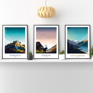 May include: Three framed prints of Scottish landscapes. The first print features Edinburgh Castle, the second print features a stag in Glencoe, and the third print features Loch Lomond.