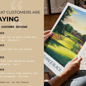 May include: A golf course art print with a vibrant landscape scene, held by a person. The print features a golf course with green fairways, trees, and a building. Text on the print reads "NORTHPAGE BLACK". The image also includes customer reviews.