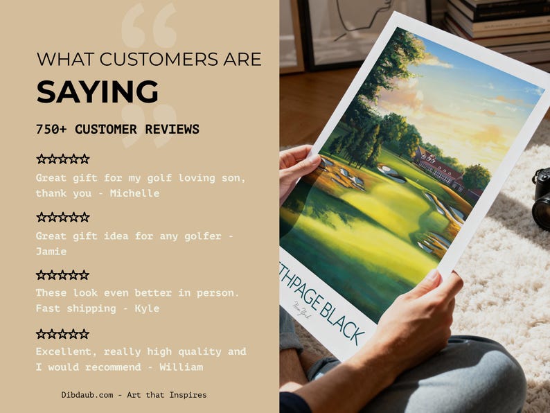 May include: A golf course art print with a vibrant landscape scene, held by a person. The print features a golf course with green fairways, trees, and a building. Text on the print reads "NORTHPAGE BLACK". The image also includes customer reviews.