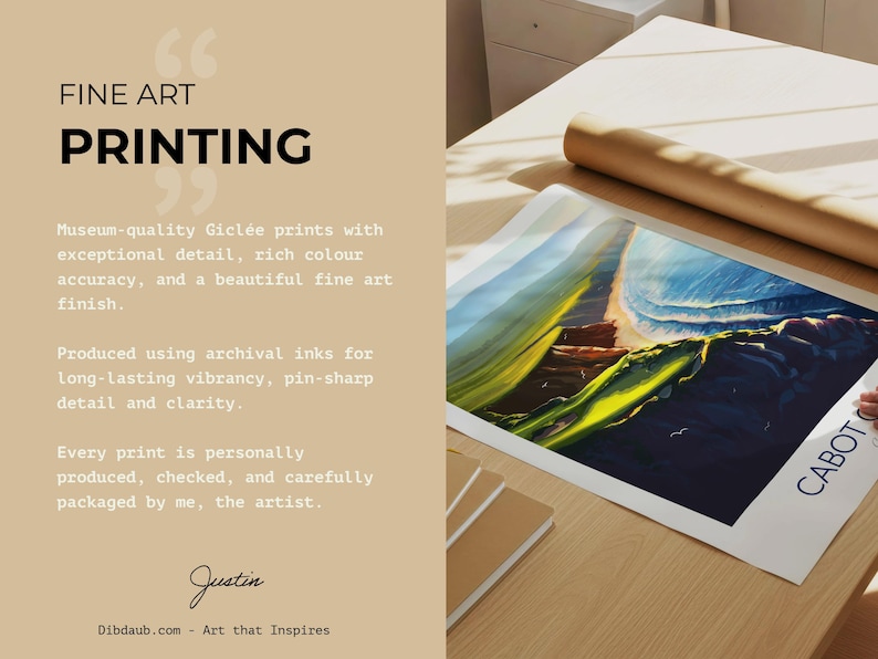 May include: A fine art print of a coastal landscape, with vibrant blues and greens, lies on a wooden table next to a rolled-up print. The text "FINE ART PRINTING" is displayed, along with details about archival inks and museum-quality prints.