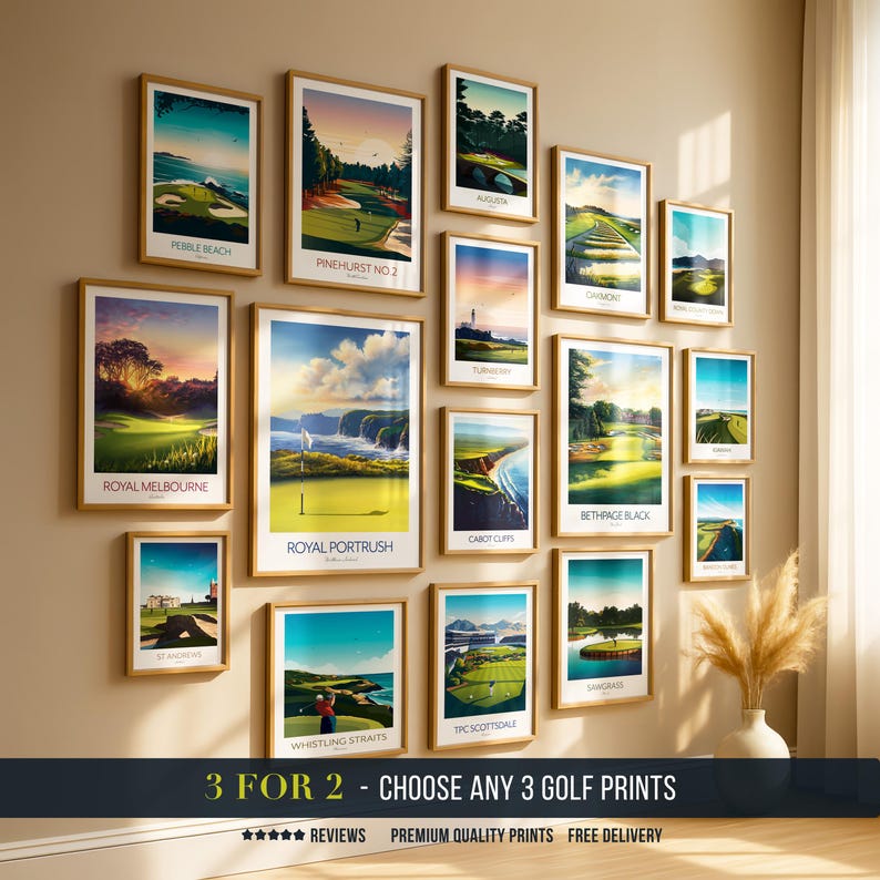 May include: A collection of framed golf course prints, each with a unique landscape scene. The prints are displayed on a beige wall, with a variety of sizes and orientations. The text at the bottom reads "3 FOR 2 - CHOOSE ANY 3 GOLF PRINTS".