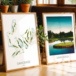 Juego de 2 impresiones de golf de Sawgrass / AHORRE 20% / Incluye el mapa del campo de golf Sawgrass de TPC y la icónica impresión de golf del hoyo 17 de Island Green