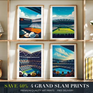 Tennis Posters Grand Slam Set of 4 - includes Wimbledon, US Open, French Open and Australian Open Tennis Prints - Save 40%.