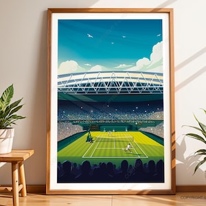 May include: A framed art print depicting a tennis match in a large stadium. The scene shows a green grass court with two players, a net, and a crowd under a bright blue sky with white clouds. The stadium features a large white roof structure.