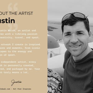 May include: A black and white image featuring a man with sunglasses on his head, smiling at the camera. Text on the left side reads "ABOUT THE ARTIST Justin" and describes the artist's passion for creativity, travel, and sport. The artist's signature and website are also included.
