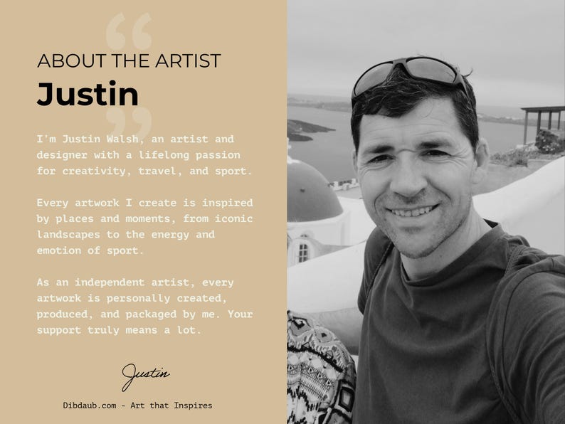 May include: A black and white image featuring a man with sunglasses on his head, smiling at the camera. Text on the left side reads "ABOUT THE ARTIST Justin" and describes the artist's passion for creativity, travel, and sport. The artist's signature and website are also included.