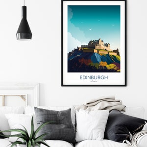 May include: A colorful illustration of Edinburgh Castle, a historic fortress in Scotland, with a blue sky and white clouds in the background. The text "EDINBURGH" is printed below the image.