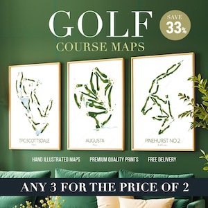 Cartes de parcours de golf - 3 pour 2 - Impressions d'Augusta, de Pebble Beach, de St Andrews, de Sawgrass, de Pinehurst, de Scottsdale, de Quail Hollow...