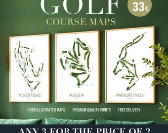 Golf Course Map Prints: Choose Any 3 - Augusta, Pebble Beach, St Andrews