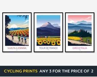 Cycling Prints Any 3 for 2 - Save Now - Tour De France, Giro D'Italia, La Vuelta, Grand Tours Cycling Posters, Italy, France, Spain