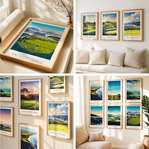 May include: A collection of framed golf course art prints. The prints feature vibrant illustrations of golf courses with green fairways, blue skies, and scenic landscapes. The frames are a light wood color, and the prints are displayed on a white wall.