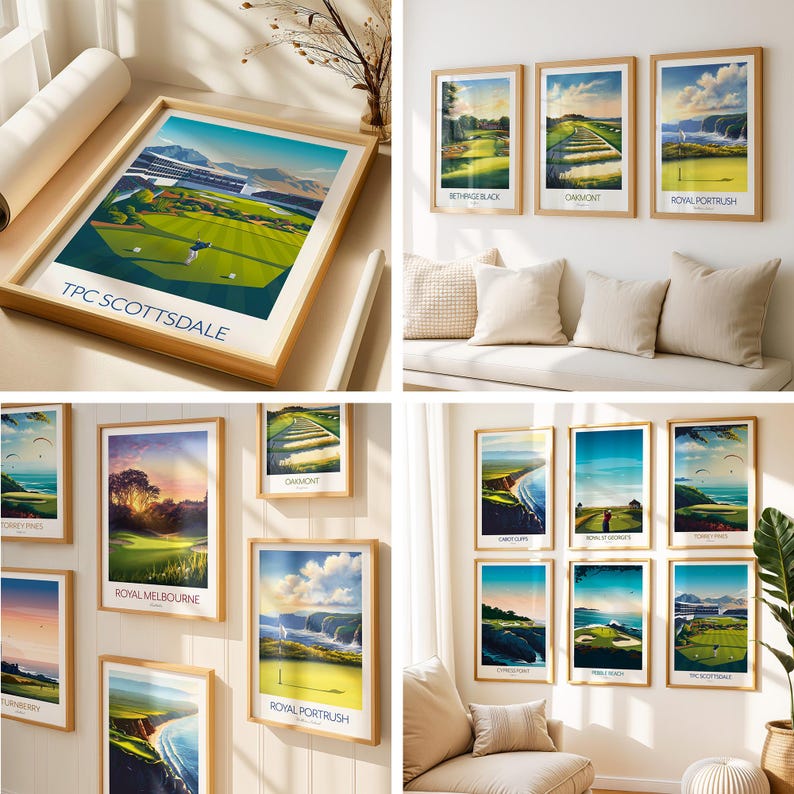 May include: A collection of framed golf course art prints. The prints feature vibrant illustrations of golf courses with green fairways, blue skies, and scenic landscapes. The frames are a light wood color, and the prints are displayed on a white wall.