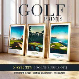 Kunstafdrukken golfbaan: 3 voor 2: Augusta, Pebble Beach, St Andrews, Sawgrass, Scottsdale, Torrey Pines, Pinehurst, Kiawah, Turnberry.