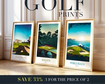 Golf Course Art Prints: Any 3 for 2 - Augusta, Pebble Beach, St Andrews, Sawgrass, Scottsdale, Torrey Pines, Pinehurst, Kiawah, Turnberry.