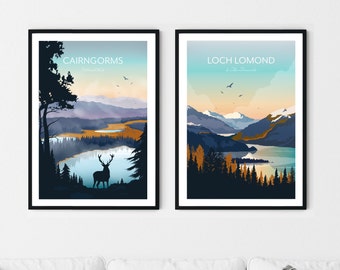 Scotland Print Set of 2, Loch Lomond, Cairngorms National Parks