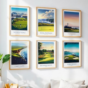 May include: Six framed golf course art prints. Each print features a vibrant landscape of a famous golf course, including TPC Scottsdale, Royal Portrush, Turnberry, Cabot Cliffs, Bethpage Black, and Pebble Beach. The prints are in wooden frames.