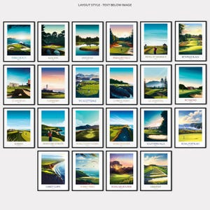 May include: A collection of framed golf course art prints. Each print features a vibrant landscape scene with names like Pebble Beach, Augusta, and St Andrews. The prints are displayed with a text layout style below the image.