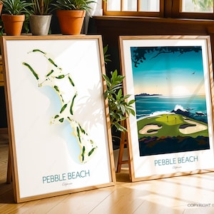Zestaw 2 wydruków Pebble Beach Golf Prints | OSZCZĘDŹ 20% | Zawiera mapę pola golfowego Pebble Beach i kultowy wydruk 7. dołka