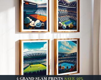 Tennis Poster Set of 4, Grand Slam Wall Art, US Open, Paris Clay Court, Australian Open, London Centre Court