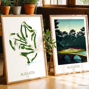 Augusta Golf Club Karte Drucke - SPAREN SIE 20% | Das 2er-Set Kunstdrucke enthält die ikonische Golden Bell & Masters Degree Map