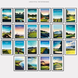 May include: A collection of framed golf course art prints. Each print features a vibrant landscape scene with text at the top, including "Pebble Beach," "Augusta," and "Sawgrass." The prints are displayed in black frames.