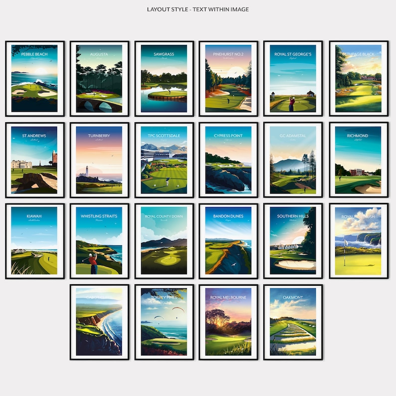 May include: A collection of framed golf course art prints. Each print features a vibrant landscape scene with text at the top, including "Pebble Beach," "Augusta," and "Sawgrass." The prints are displayed in black frames.