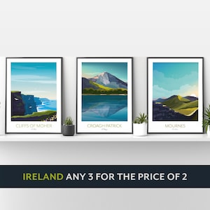 Irlanda imprime qualquer 3 por 2 - Cartazes de viagem de Dublin, Croagh Patrick, The Mournes, Penhascos de Moher, Westport, Calçada dos Gigantes, Glendalough